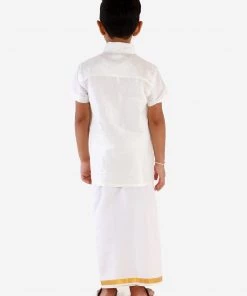JBN Creation Boys' White Silk Short Sleeves Ethnic Shirt Mundu Vesty Style Dhoti Pant Set