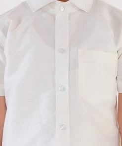 JBN Creation Boys' White Silk Short Sleeves Ethnic Shirt Mundu Vesty Style Dhoti Pant Set