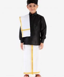 JBN Creation Boys' Black Silk Long Sleeves Ethnic Shirt Mundu Vesty Style Dhoti Pant Set