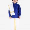 JBN Creation Boys' Blue Silk Long Sleeves Ethnic Shirt Mundu Vesty Style Dhoti Pant Set