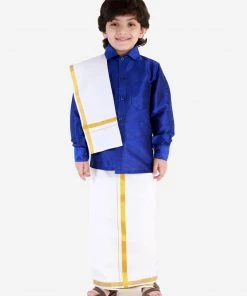 JBN Creation Boys' Blue Silk Long Sleeves Ethnic Shirt Mundu Vesty Style Dhoti Pant Set