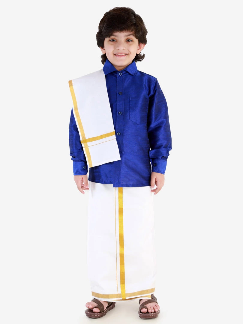 JBN Creation Boys' Blue Silk Long Sleeves Ethnic Shirt Mundu Vesty Style Dhoti Pant Set 3 JBN Creation Boys' Blue Silk Long Sleeves Ethnic Shirt Mundu Vesty Style Dhoti Pant Set