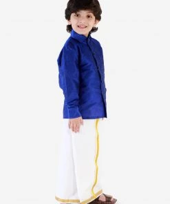 JBN Creation Boys' Blue Silk Long Sleeves Ethnic Shirt Mundu Vesty Style Dhoti Pant Set 12 JBN Creation Boys' Blue Silk Long Sleeves Ethnic Shirt Mundu Vesty Style Dhoti Pant Set