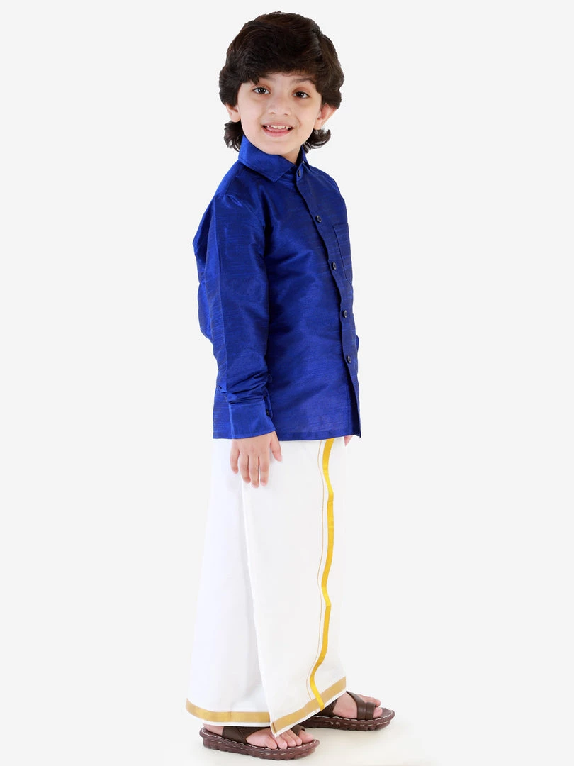 JBN Creation Boys' Blue Silk Long Sleeves Ethnic Shirt Mundu Vesty Style Dhoti Pant Set 5 JBN Creation Boys' Blue Silk Long Sleeves Ethnic Shirt Mundu Vesty Style Dhoti Pant Set