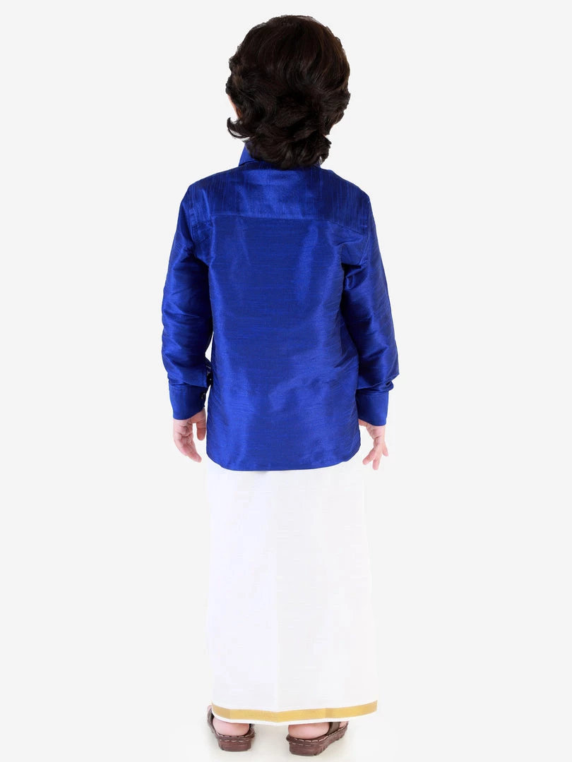 JBN Creation Boys' Blue Silk Long Sleeves Ethnic Shirt Mundu Vesty Style Dhoti Pant Set 6 JBN Creation Boys' Blue Silk Long Sleeves Ethnic Shirt Mundu Vesty Style Dhoti Pant Set
