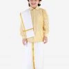 JBN Creation Boys' Gold Silk Long Sleeves Ethnic Shirt Mundu Vesty Style Dhoti Pant Set