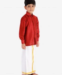 JBN Creation Boys' Maroon Silk Long Sleeves Ethnic Shirt Mundu Vesty Style Dhoti Pant Set