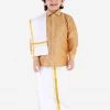 JBN Creation Boys' Rose Gold Silk Long Sleeves Ethnic Shirt Mundu Vesty Style Dhoti Pant Set 1 JBN Creation Boys' Rose Gold Silk Long Sleeves Ethnic Shirt Mundu Vesty Style Dhoti Pant Set