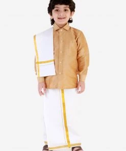 JBN Creation Boys' Rose Gold Silk Long Sleeves Ethnic Shirt Mundu Vesty Style Dhoti Pant Set