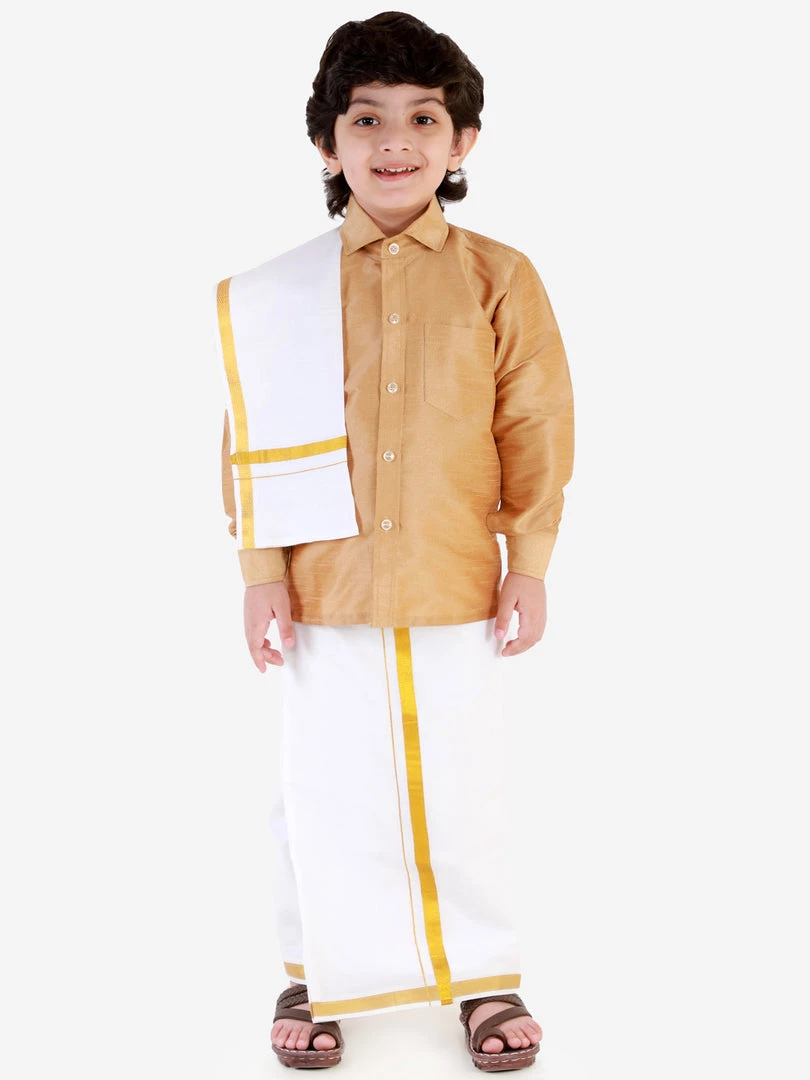JBN Creation Boys' Rose Gold Silk Long Sleeves Ethnic Shirt Mundu Vesty Style Dhoti Pant Set 3 JBN Creation Boys' Rose Gold Silk Long Sleeves Ethnic Shirt Mundu Vesty Style Dhoti Pant Set