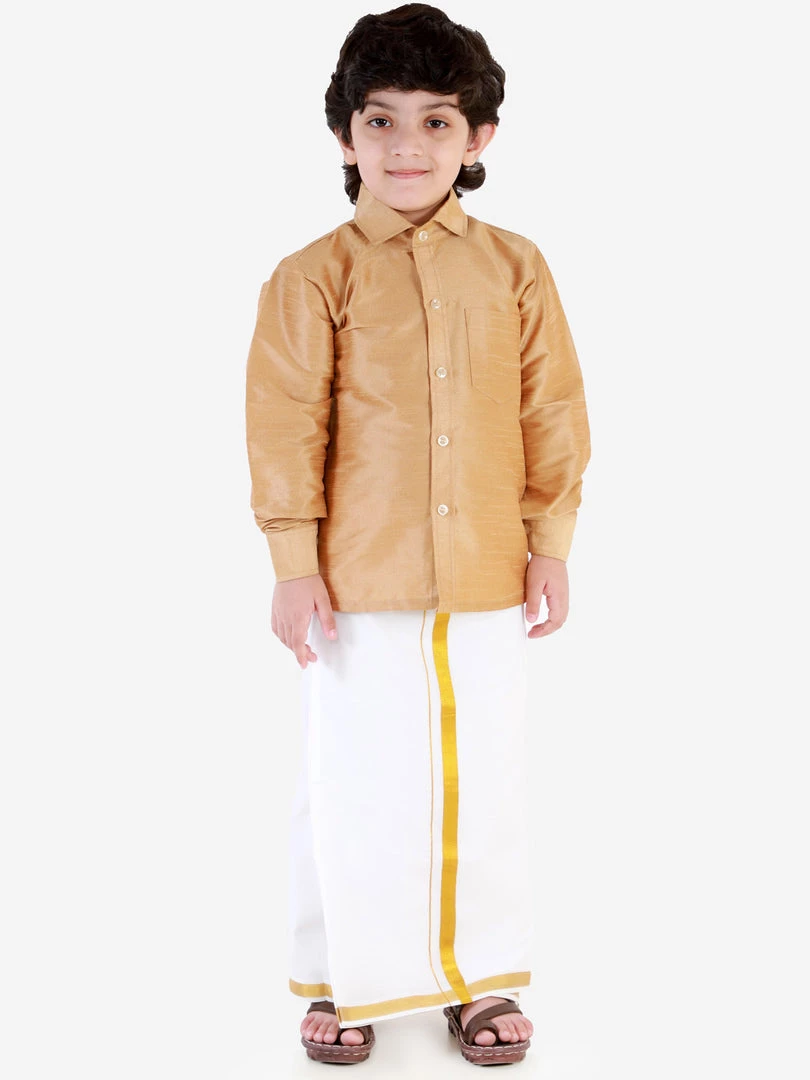 JBN Creation Boys' Rose Gold Silk Long Sleeves Ethnic Shirt Mundu Vesty Style Dhoti Pant Set 4 JBN Creation Boys' Rose Gold Silk Long Sleeves Ethnic Shirt Mundu Vesty Style Dhoti Pant Set