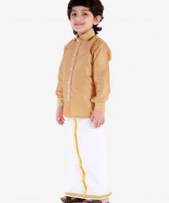 JBN Creation Boys' Rose Gold Silk Long Sleeves Ethnic Shirt Mundu Vesty Style Dhoti Pant Set 12 JBN Creation Boys' Rose Gold Silk Long Sleeves Ethnic Shirt Mundu Vesty Style Dhoti Pant Set
