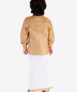 JBN Creation Boys' Rose Gold Silk Long Sleeves Ethnic Shirt Mundu Vesty Style Dhoti Pant Set 13 JBN Creation Boys' Rose Gold Silk Long Sleeves Ethnic Shirt Mundu Vesty Style Dhoti Pant Set