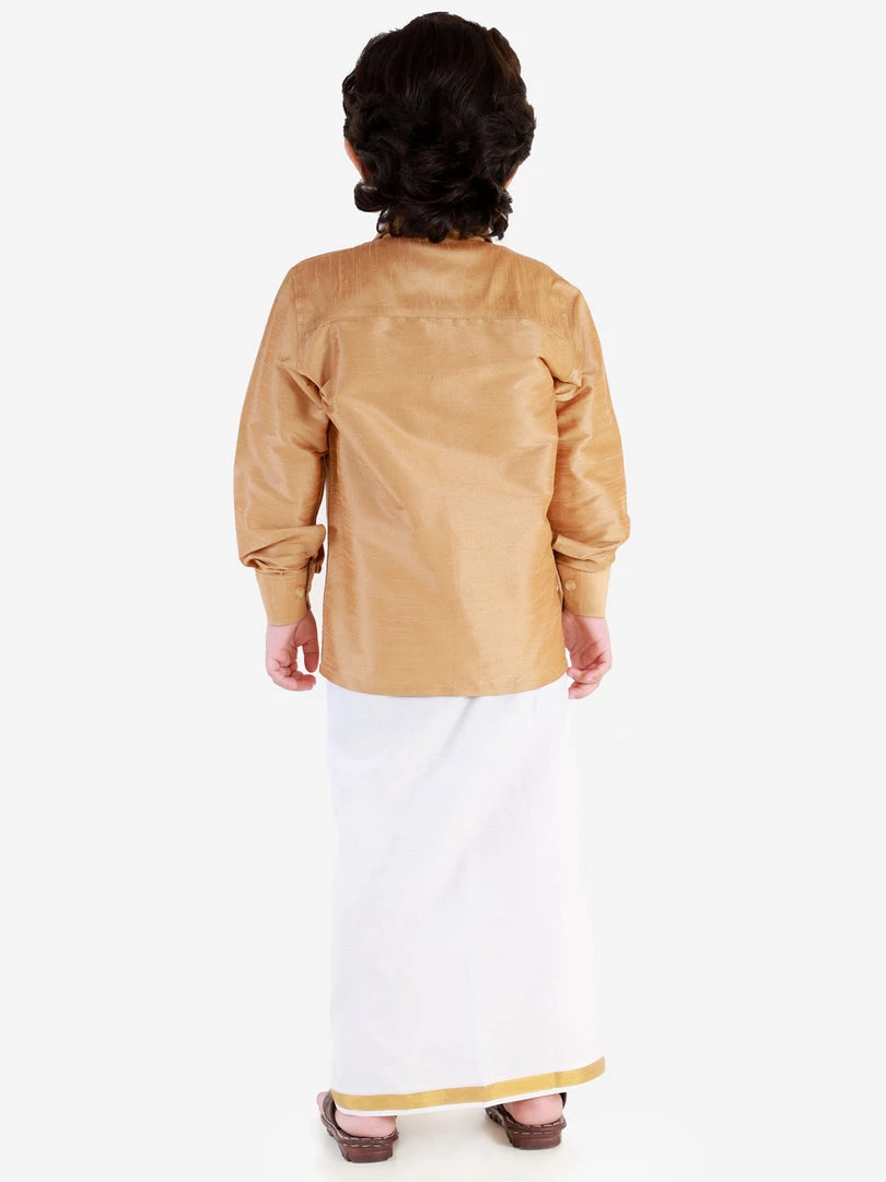 JBN Creation Boys' Rose Gold Silk Long Sleeves Ethnic Shirt Mundu Vesty Style Dhoti Pant Set 6 JBN Creation Boys' Rose Gold Silk Long Sleeves Ethnic Shirt Mundu Vesty Style Dhoti Pant Set