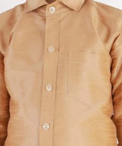 JBN Creation Boys' Rose Gold Silk Long Sleeves Ethnic Shirt Mundu Vesty Style Dhoti Pant Set 14 JBN Creation Boys' Rose Gold Silk Long Sleeves Ethnic Shirt Mundu Vesty Style Dhoti Pant Set