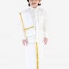 JBN Creation Boys' White Silk Long Sleeves Ethnic Shirt Mundu Vesty Style Dhoti Pant Set