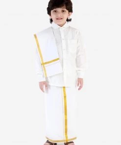 JBN Creation Boys' White Silk Long Sleeves Ethnic Shirt Mundu Vesty Style Dhoti Pant Set