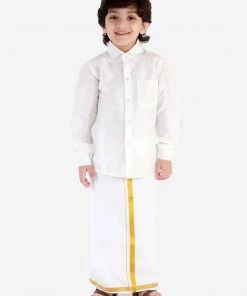 JBN Creation Boys' White Silk Long Sleeves Ethnic Shirt Mundu Vesty Style Dhoti Pant Set