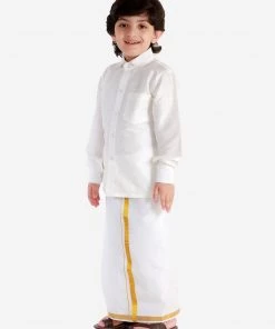 JBN Creation Boys' White Silk Long Sleeves Ethnic Shirt Mundu Vesty Style Dhoti Pant Set