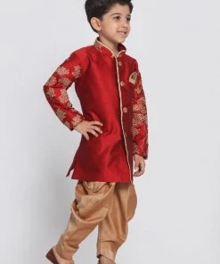JBN Creation Boys' Maroon Cotton Silk Blend Kurta And Dhoti Pant Set