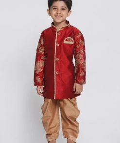 JBN Creation Boys' Maroon Cotton Silk Blend Kurta And Dhoti Pant Set