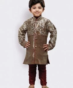 JBN Creation Vastramay Boys' Bronze Silk Blend Sherwani Buy 1 Get 1