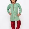 JBN Creation Boys' Green Cotton Silk Sherwani And Churidar Set