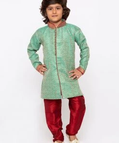 JBN Creation Boys' Green Cotton Silk Sherwani And Churidar Set