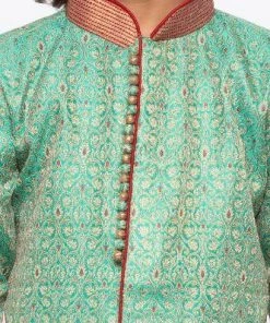 JBN Creation Boys' Green Cotton Silk Sherwani And Churidar Set