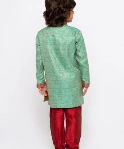 JBN Creation Boys' Green Cotton Silk Sherwani And Churidar Set
