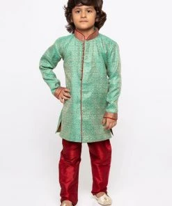 JBN Creation Boys' Green Cotton Silk Sherwani And Churidar Set
