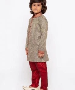 JBN Creation Boys' Grey Cotton Silk Sherwani And Churidar Set