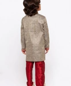 JBN Creation Boys' Grey Cotton Silk Sherwani And Churidar Set