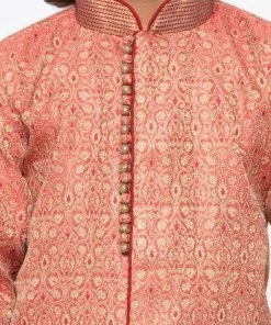 JBN Creation Boys' Pink Cotton Silk Sherwani And Churidar Set