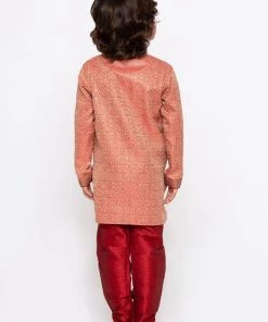 JBN Creation Boys' Pink Cotton Silk Sherwani And Churidar Set