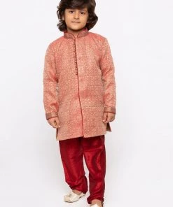 JBN Creation Boys' Pink Cotton Silk Sherwani And Churidar Set