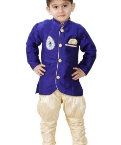 JBN Creation Boys' Blue Cotton Silk Kurta And Breedges Set
