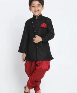 Sherwani/Indowestern Vastramay Cotton Blend Black Baap Beta Sherwani Set