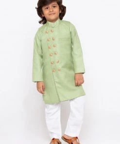 JBN Creation Buy 1 Get 1 Boys' Green Cotton Silk Sherwani And Churidar Set