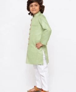 JBN Creation Buy 1 Get 1 Boys' Green Cotton Silk Sherwani And Churidar Set