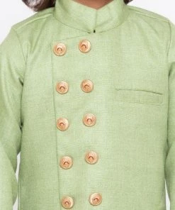 JBN Creation Buy 1 Get 1 Boys' Green Cotton Silk Sherwani And Churidar Set