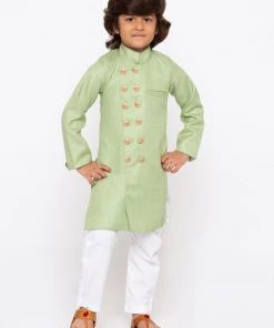 JBN Creation Buy 1 Get 1 Boys' Green Cotton Silk Sherwani And Churidar Set