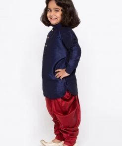 Vastramay Silk Blend Blue And Maroon Baap Beta Dhoti Kurta Set