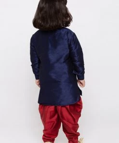 Vastramay Silk Blend Blue And Maroon Baap Beta Dhoti Kurta Set