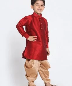 Vastramay Silk Blend Maroon And Rose Gold Baap Beta Dhoti Kurta Set
