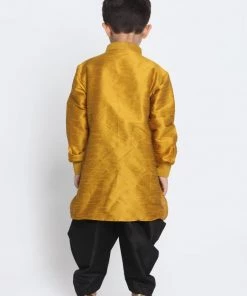 Vastramay Silk Blend Mustard And Black Baap Beta Dhoti Kurta Set