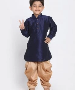 JBN Creation Boys' Navy Blue Cotton Silk Blend Kurta And Dhoti Pant Set