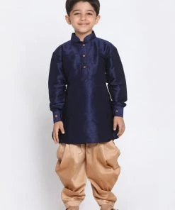 JBN Creation Boys' Navy Blue Cotton Silk Blend Kurta And Dhoti Pant Set