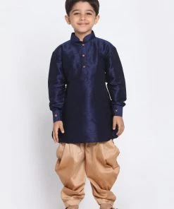 Vastramay Silk Blend Navy Blue And Rose Gold Baap Beta Dhoti Kurta Set