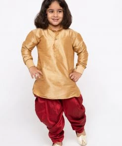 Vastramay Silk Blend Rose Gold And Maroon Baap Beta Dhoti Kurta Set